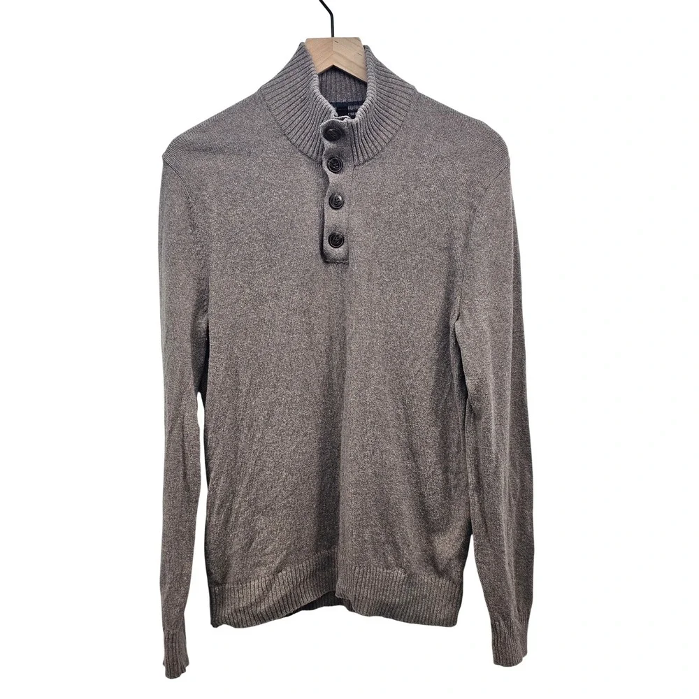 Banana‎ Republic Mens Mock Neck Button Placket Sweater Brown Heathered Medium